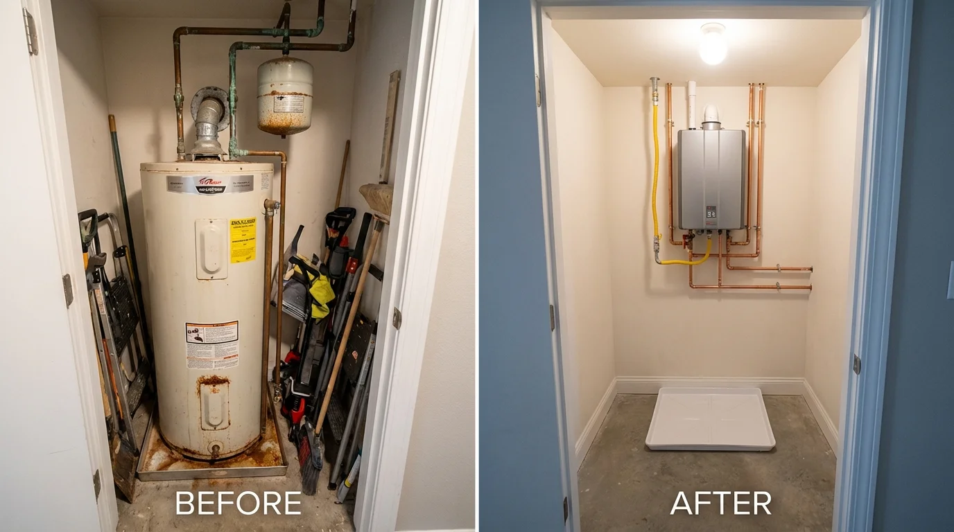 Tank water heater versus wall-mounted tankless unit comparison for Charlestown, IN homeowners