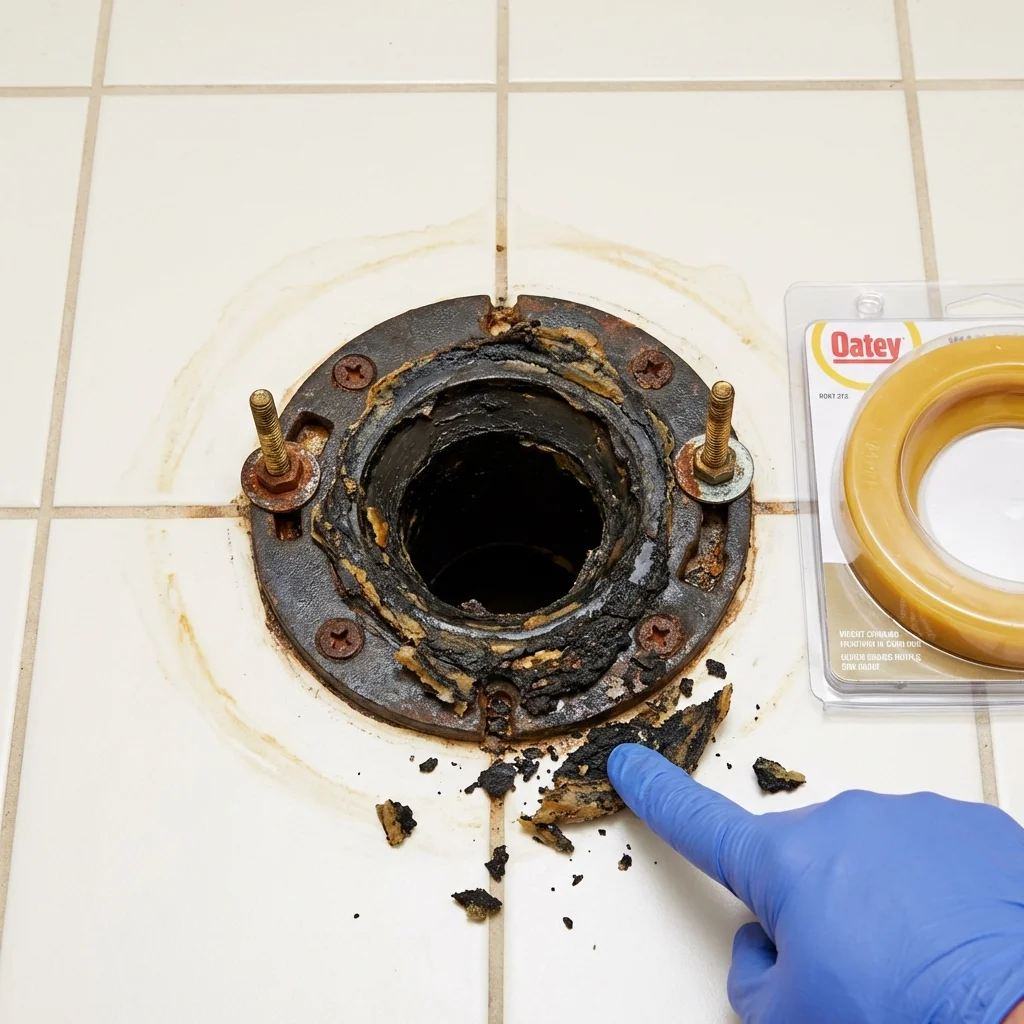 Failed wax ring showing water seepage at the base of a toilet in a Charlestown, IN home
