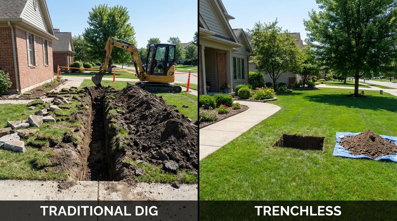 Trenchless sewer repair with minimal yard damage versus traditional excavation in Charlestown, IN