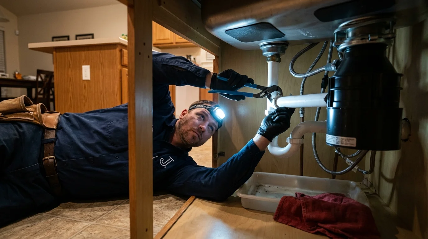 P-trap and supply line connections under a kitchen sink showing a common leak point in Charlestown, IN